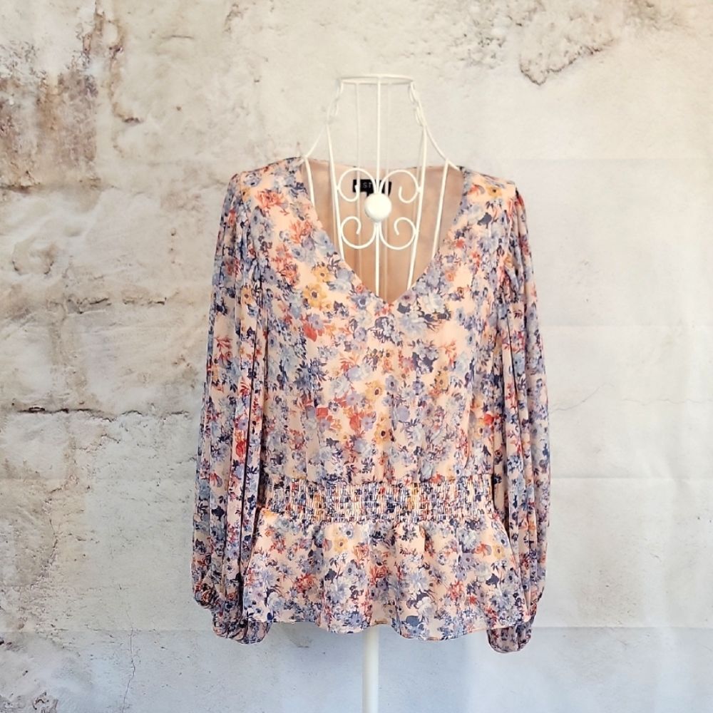 1 State Floral V-Neck Blouse Womens Size L